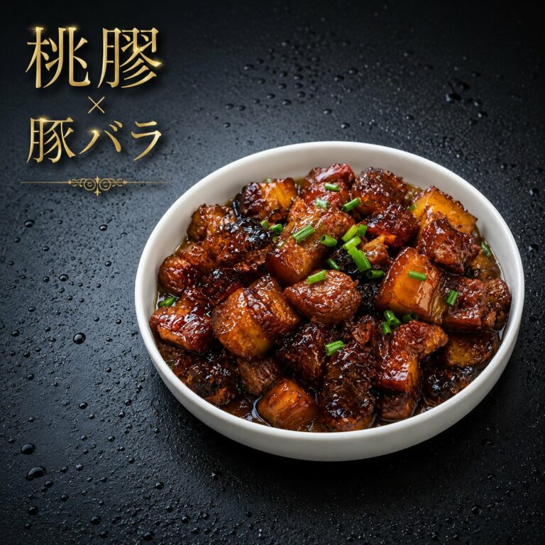 桃膠と豚バラ肉の甘辛煮の盛り付けイメージ